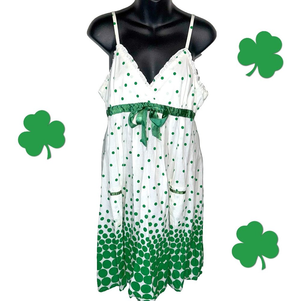 Vintage Y2K She's Cool White & Green Polka Dot Dress Size L